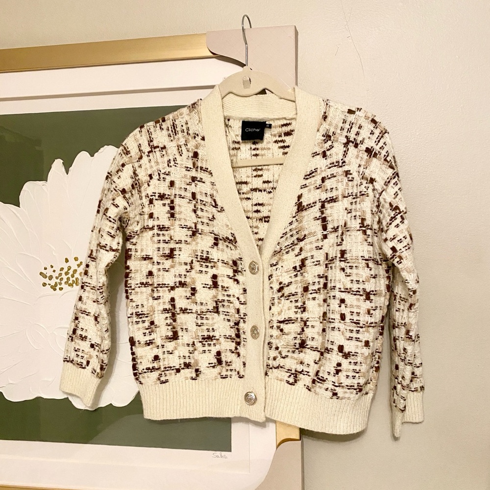 Cliche Textured Cream and Brown Cardigan